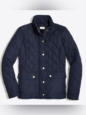 J. Crew navy quilted jacket zipper snaps pockets gold buttons